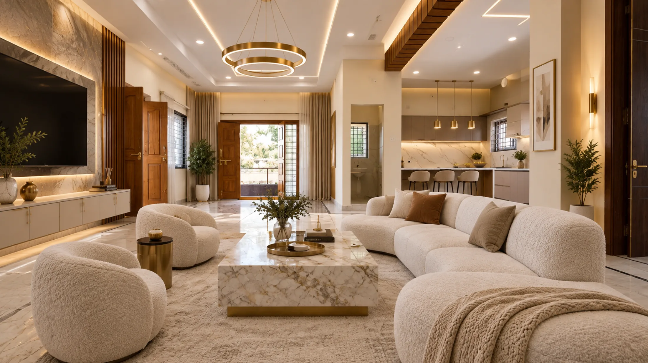 Grand living room redesigned in Contemporary Warmth — cream boucle sofas, brass ring pendants, marble coffee table